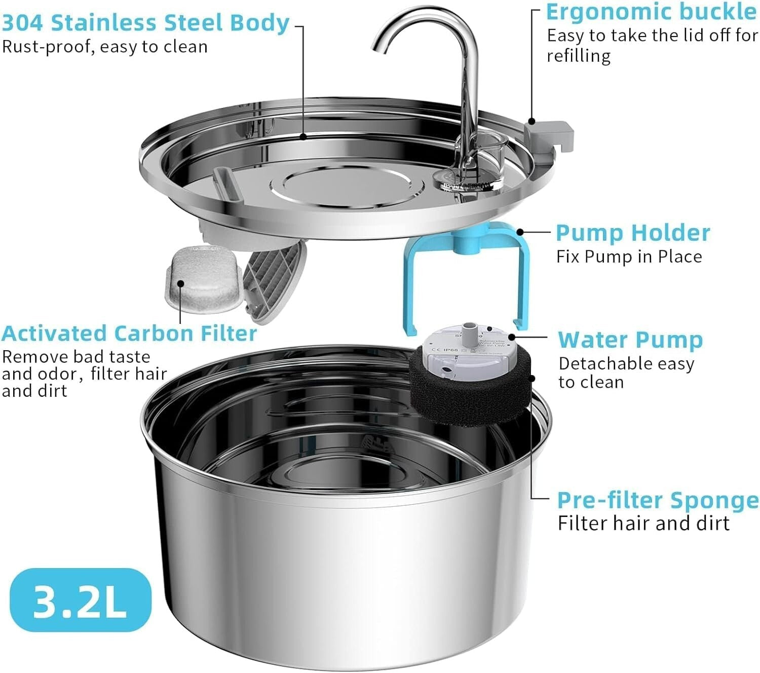 Large 3.2L Stainless Steel Pet Water Fountain - Includes 8 Replacement Filters