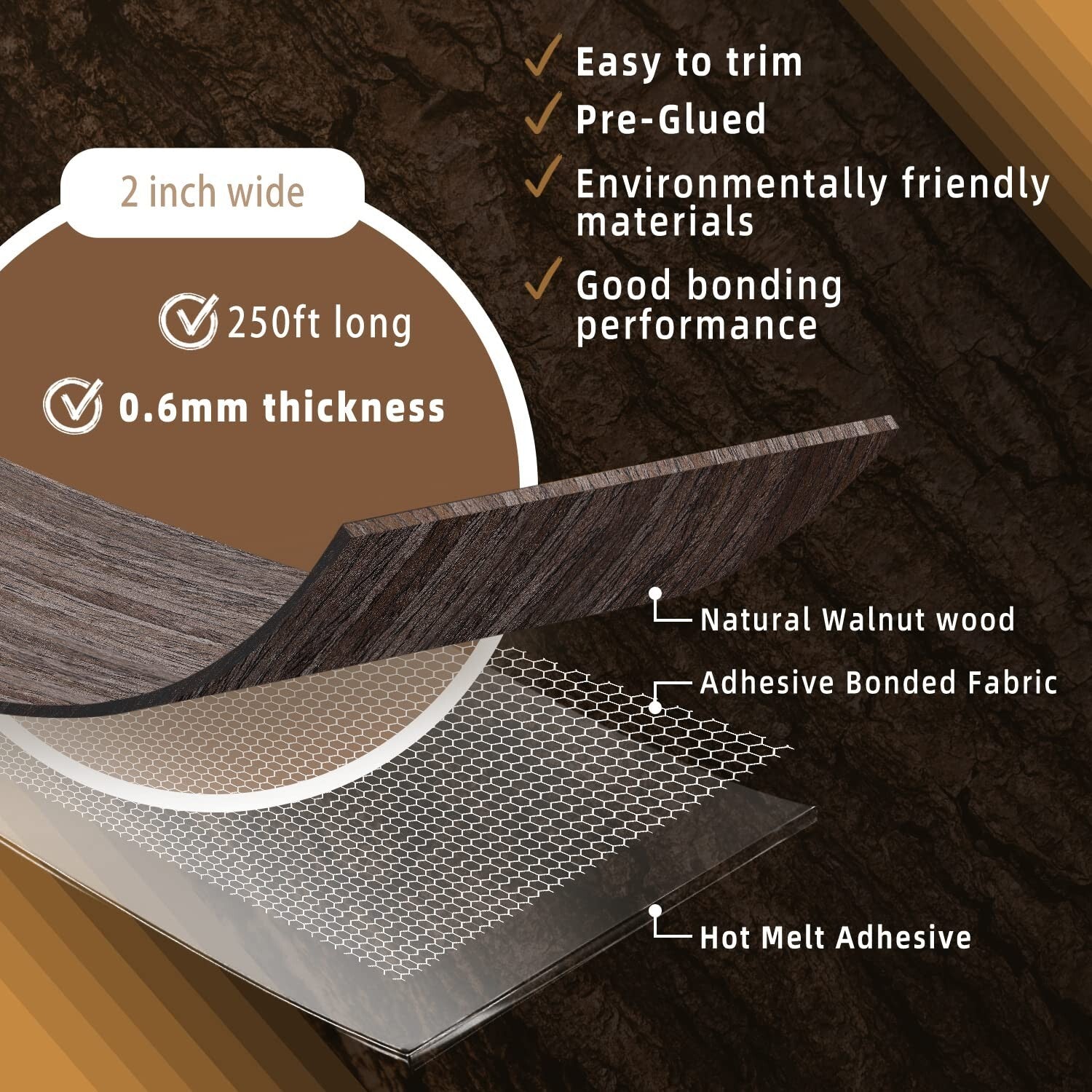 2'' x 250ft Pre-Glued S-Walnut Veneer Edge Banding - Quality Furniture Solution