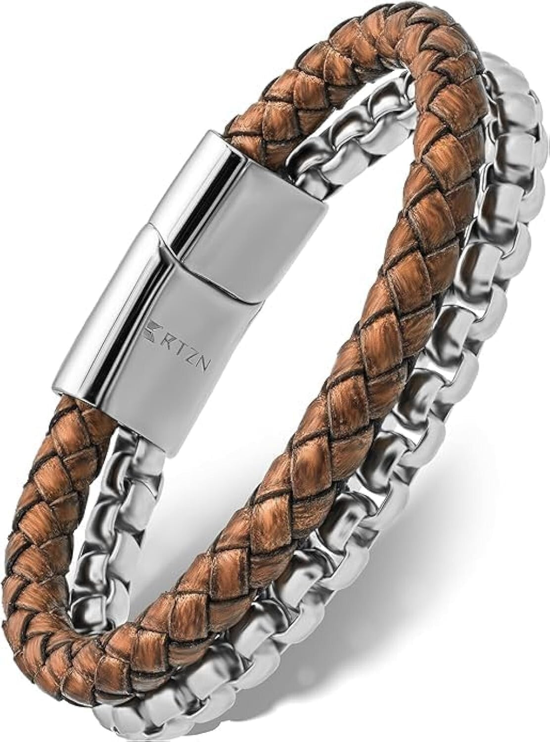 Artisan Handcrafted Brown Leather Bracelet with Silver Chain – Medium Size