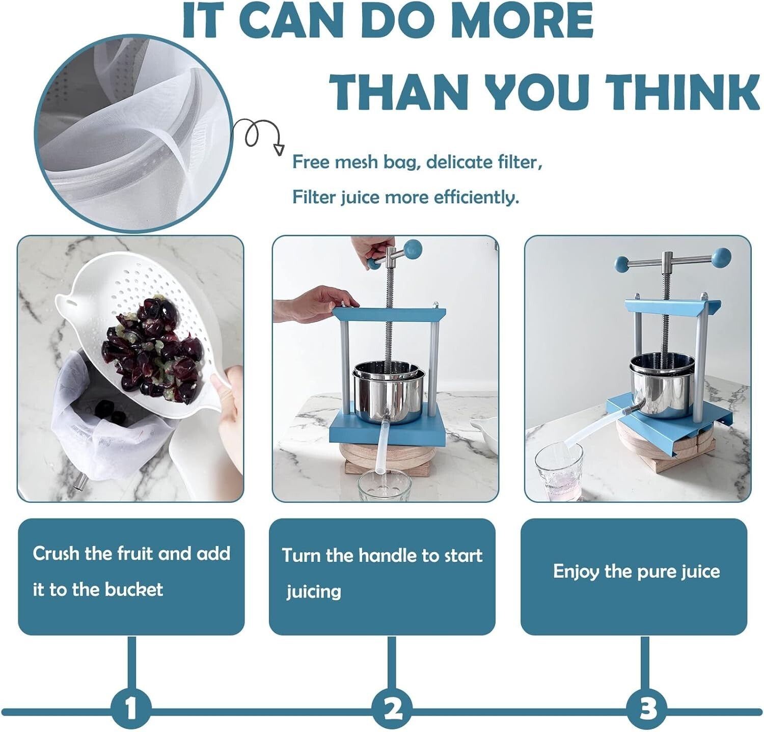 Blue Manual Juice Press, 2L Stainless Steel & Iron - Effortless Fruit Extractor