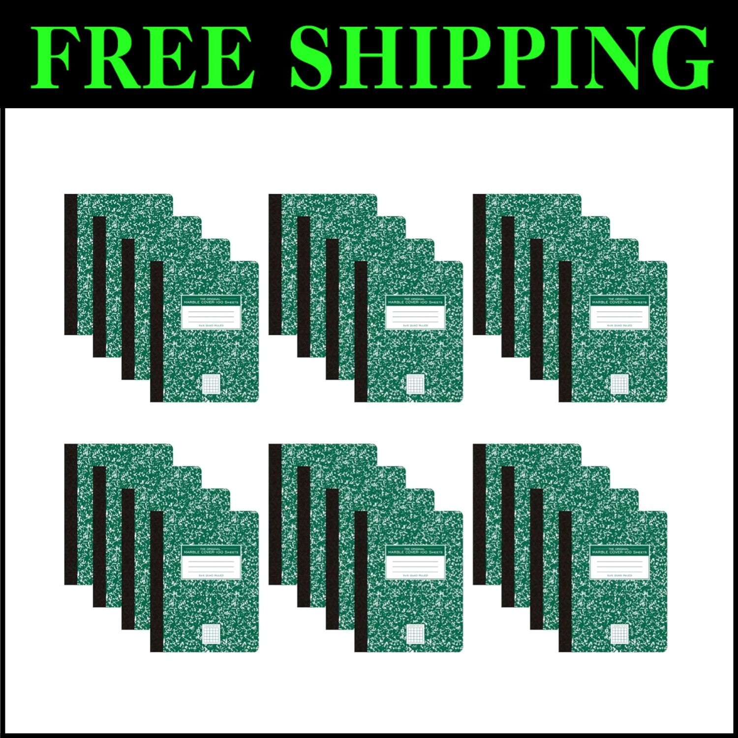 24-Pack 5x5 Graph Ruled Composition Notebooks, Durable Green Marble Cover