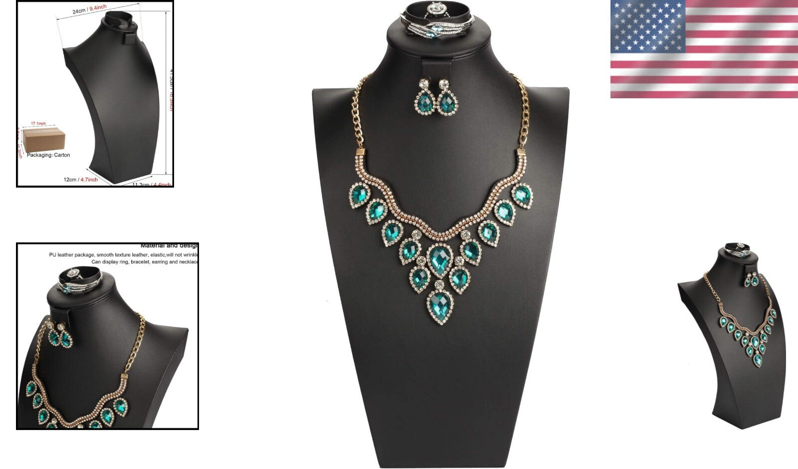 16.3" Tall Luxury Black Jewelry Bust for Necklaces, Rings, and Bracelets Display