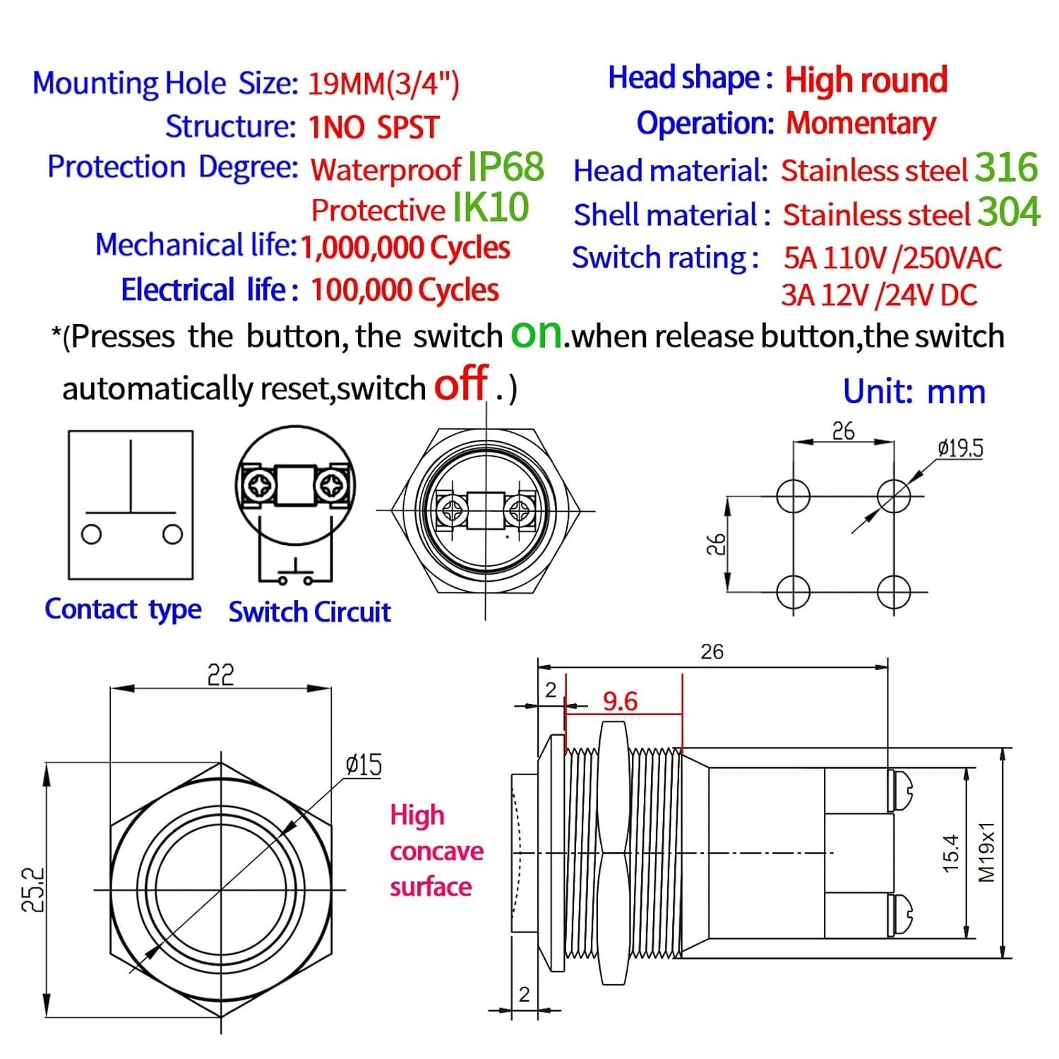 19mm Momentary Push Button Switch Set - IP68 Waterproof for Car and Marine Use