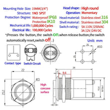 Load image into Gallery viewer, 19mm Momentary Push Button Switch Set - IP68 Waterproof for Car and Marine Use