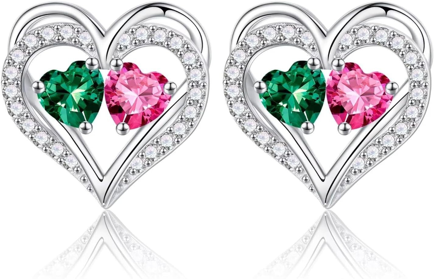 925 Sterling Silver Double Birthstone Heart Earrings - Meaningful Gifts for W...