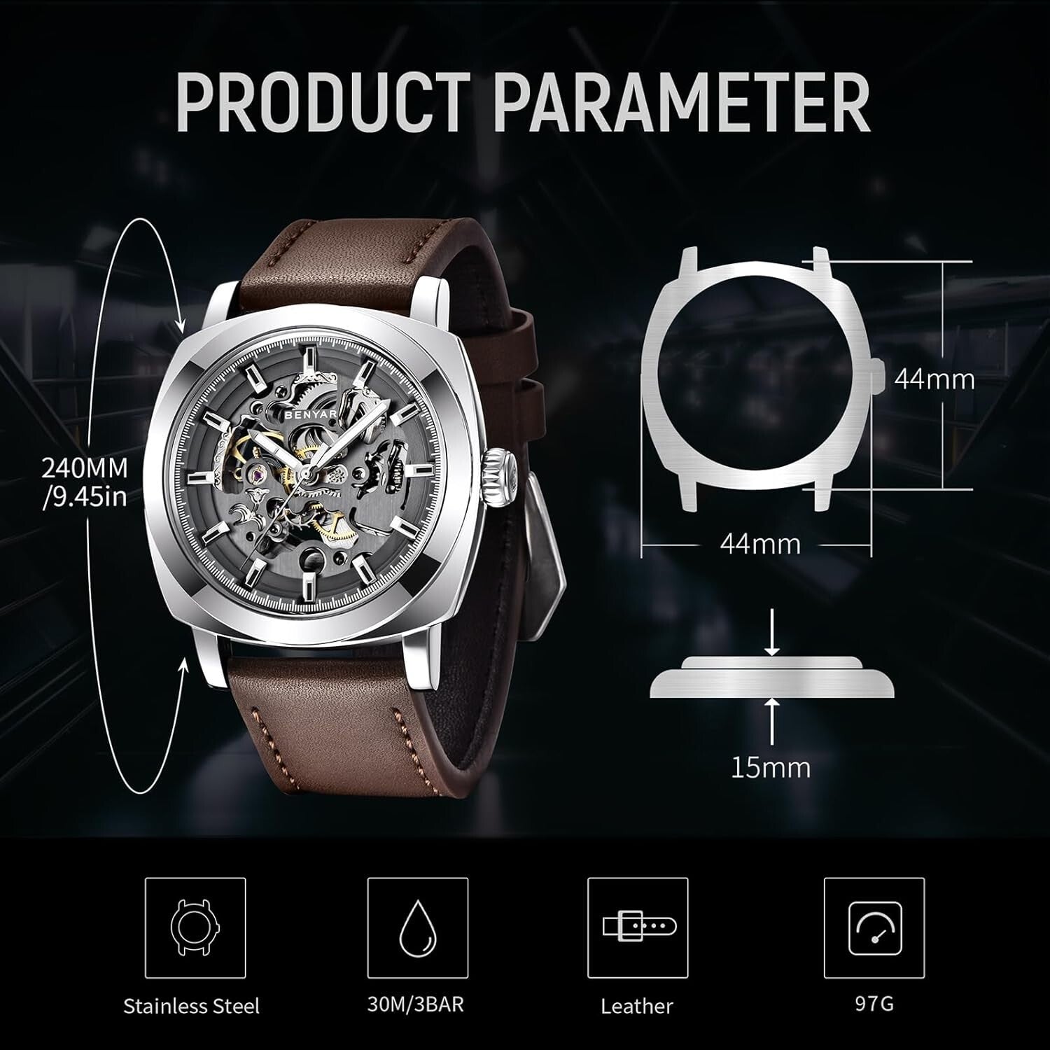 Benyar Men's Automatic Skeleton Watch - Stylish 45mm Leather Strap Design