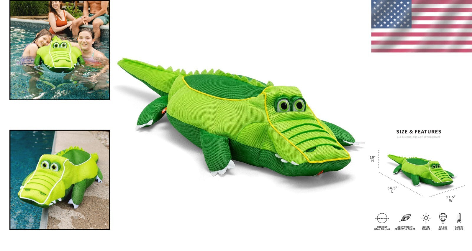 Eco-Friendly Alligator Pool Toy Float - Fast Drying & Bean Filled Comfort