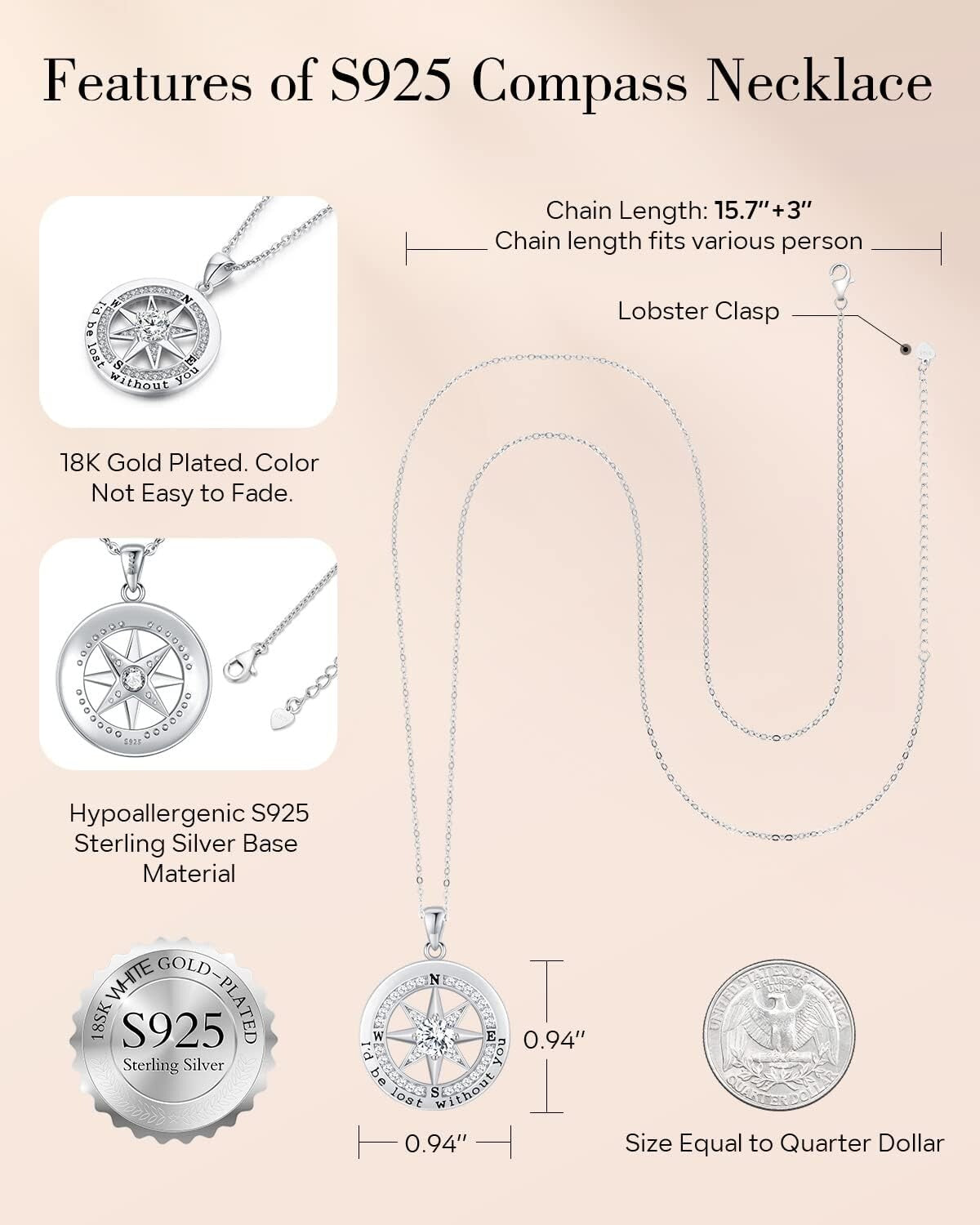 Cubic Zirconia Compass Jewelry - 'I'd Be Lost Without You' - Gift for Girlfriend