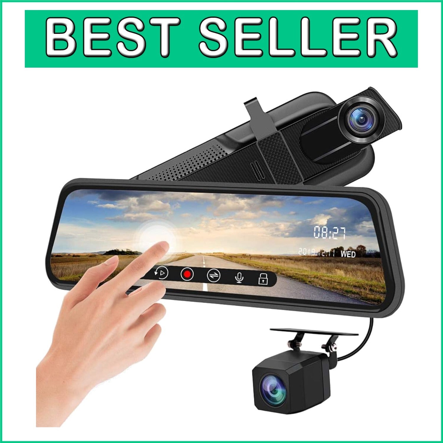 10-Inch Full HD Touchscreen Mirror Dash Cam - Waterproof Dual Lens with G-Sensor