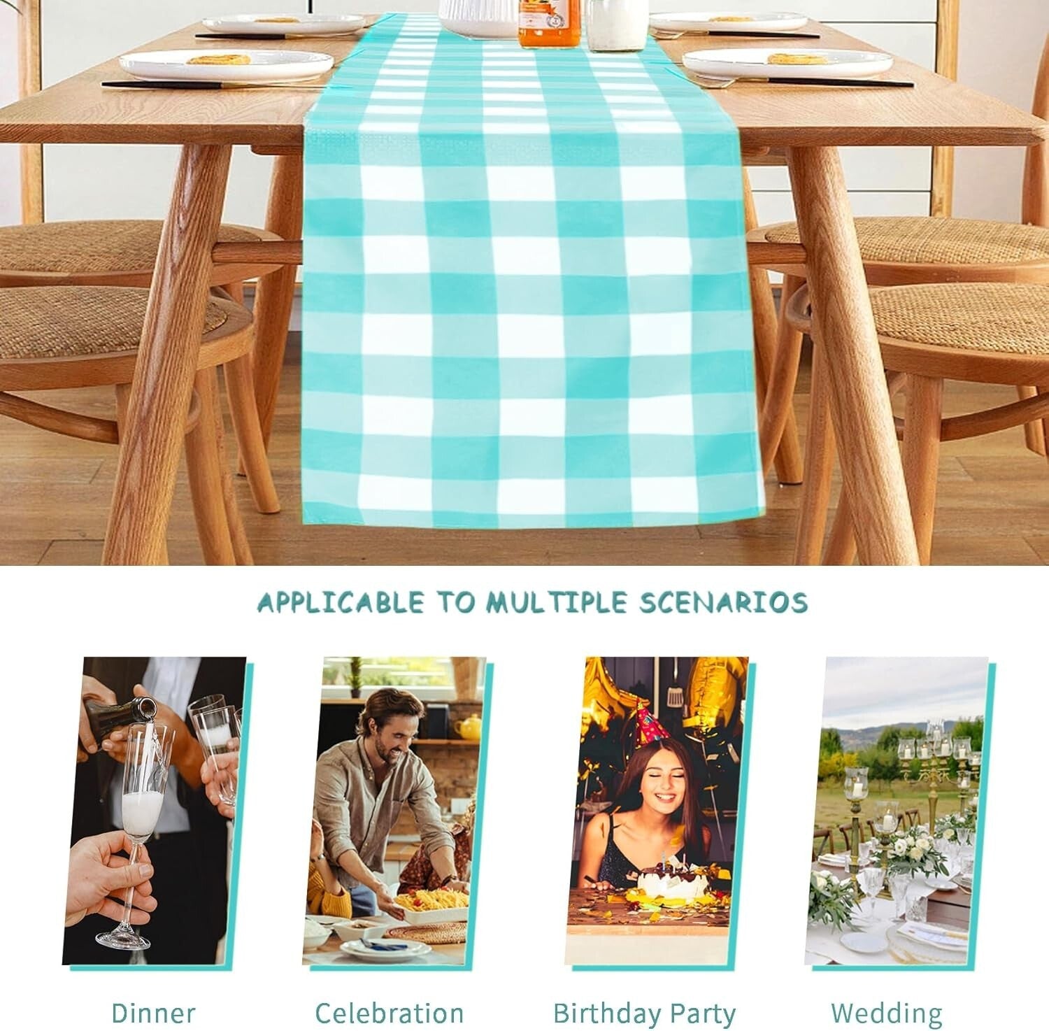 Versatile Aqua Checkered Table Runners - 12-Pack, Ideal for Dining & Weddings