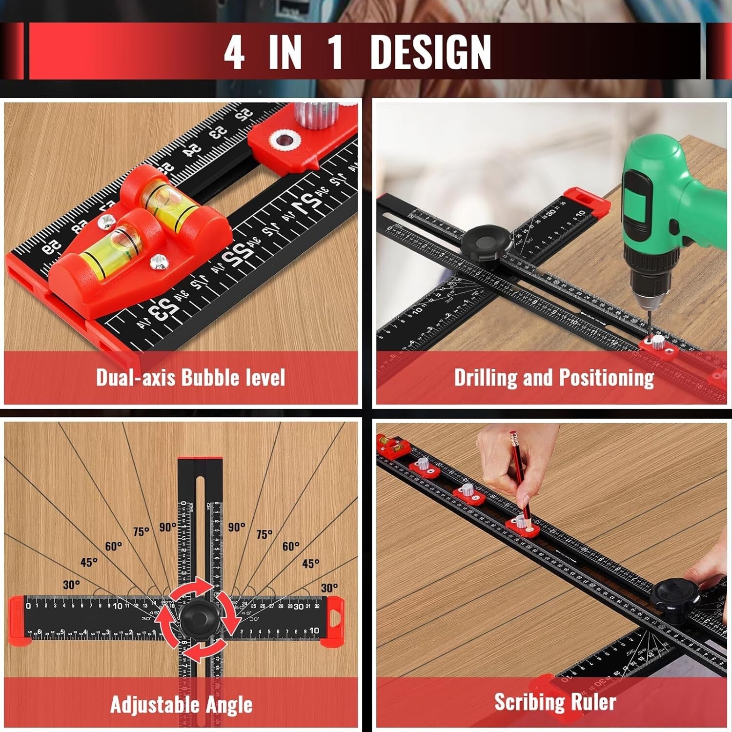 4-in-1 Adjustable T-Square Ruler - Precision Measuring Tool for Woodworking