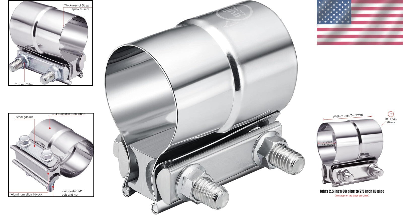 Stainless Steel Lap Joint Exhaust Clamp 2.5'' - Secure, Easy Connect, 4 Pcs