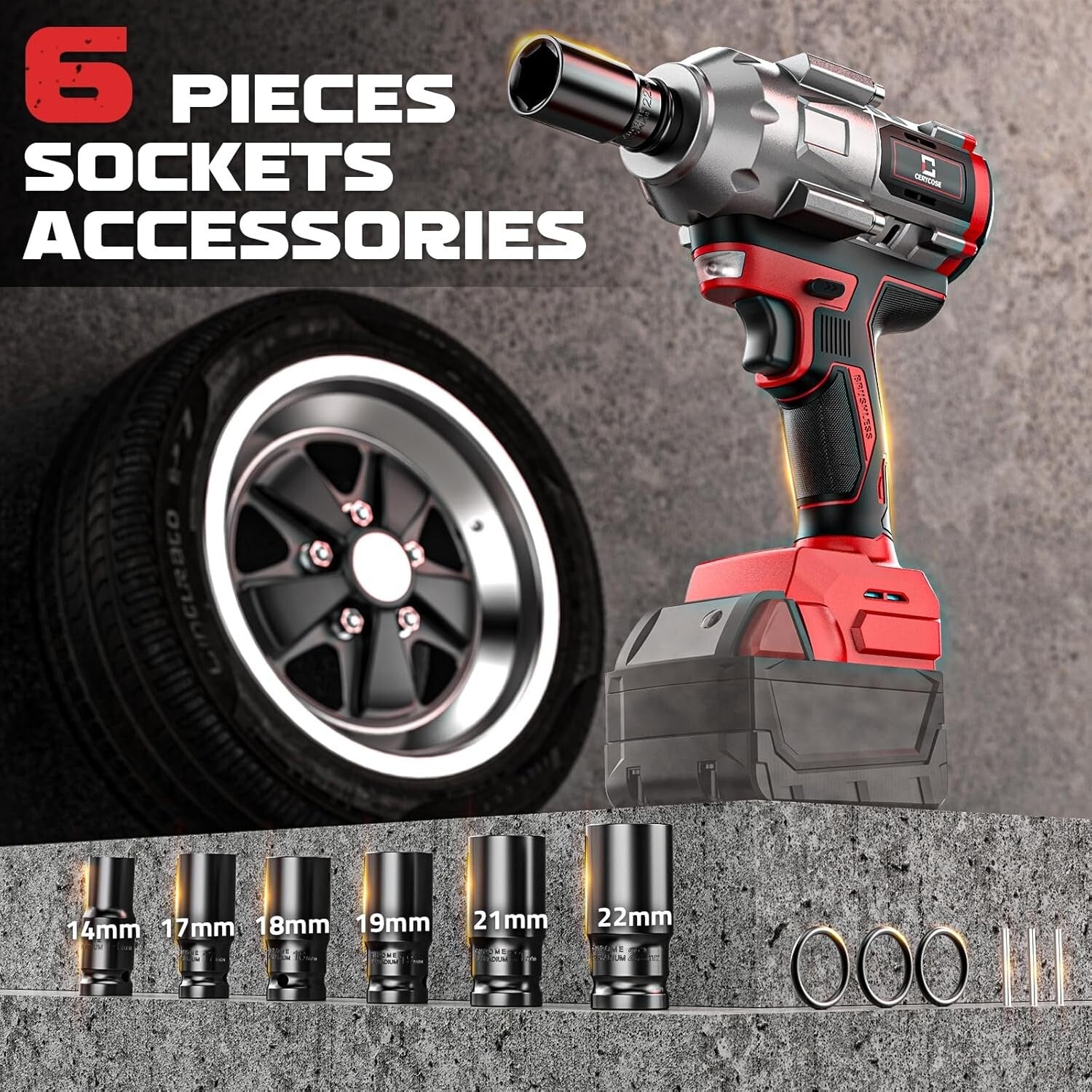 Brushless 1/2 Inch 900 ft-lbs Impact Gun - Complete Set with 6 Sockets & Light