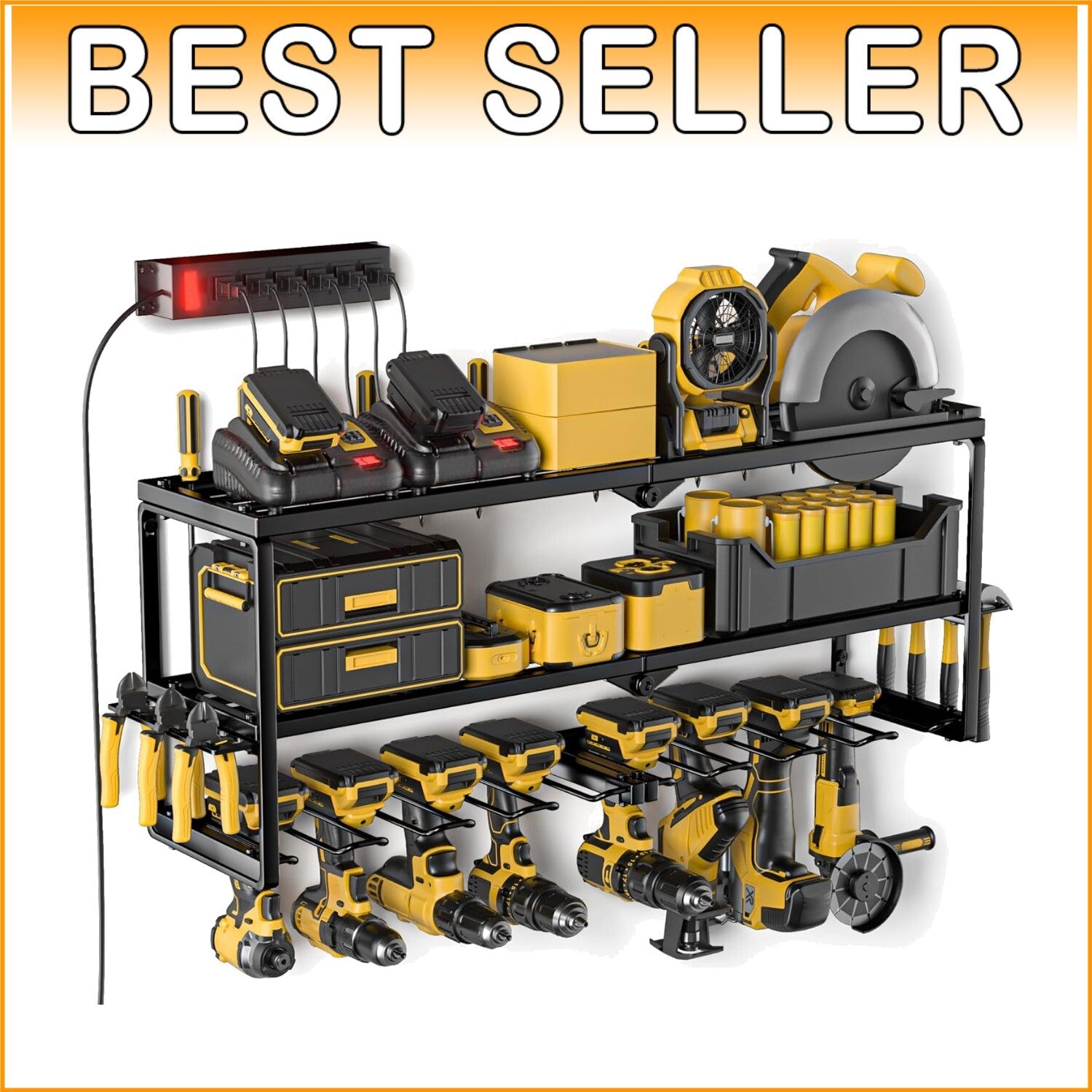 3-Layer Tool Storage Shelf with Detachable Power Strip - Ideal for Garage Space