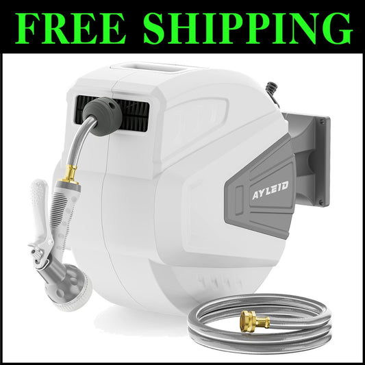 Retractable Wall-Mounted Hose Reel: 100ft with 9-Function Spray Nozzle