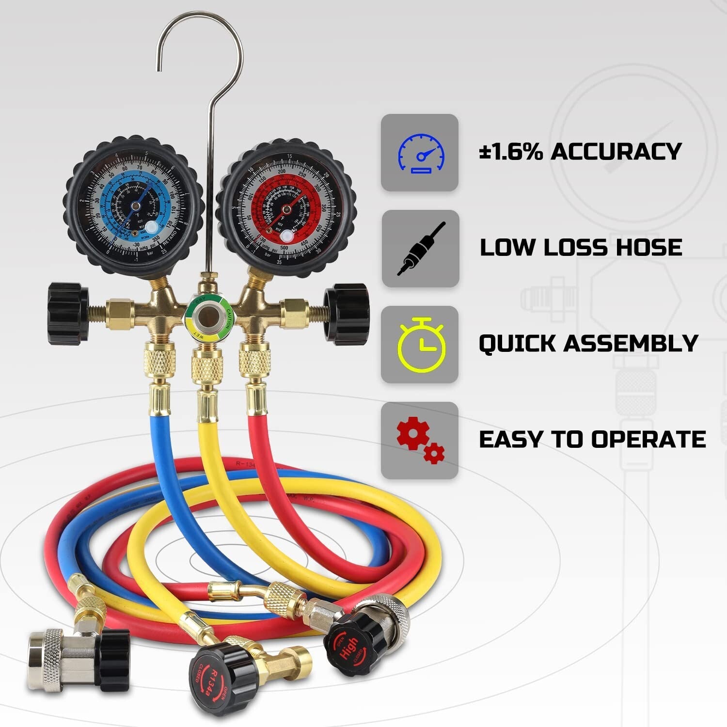 3-Way A/C Manifold Gauge Kit with 5FT Hoses - Easy Read Dials & Durable Design