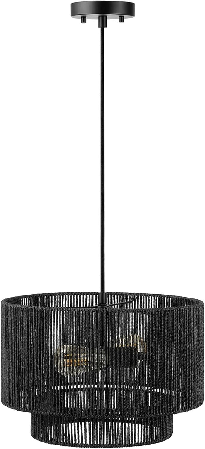 Dimmable 2-Light Pendant Light in Matte Black with Elegant Paper Twine Shade