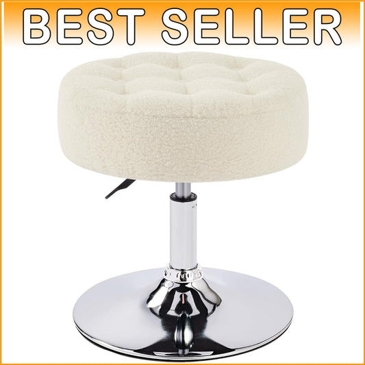 Elegant Round Makeup Vanity Stool - Adjustable Ivory White Faux Fur Ottoman