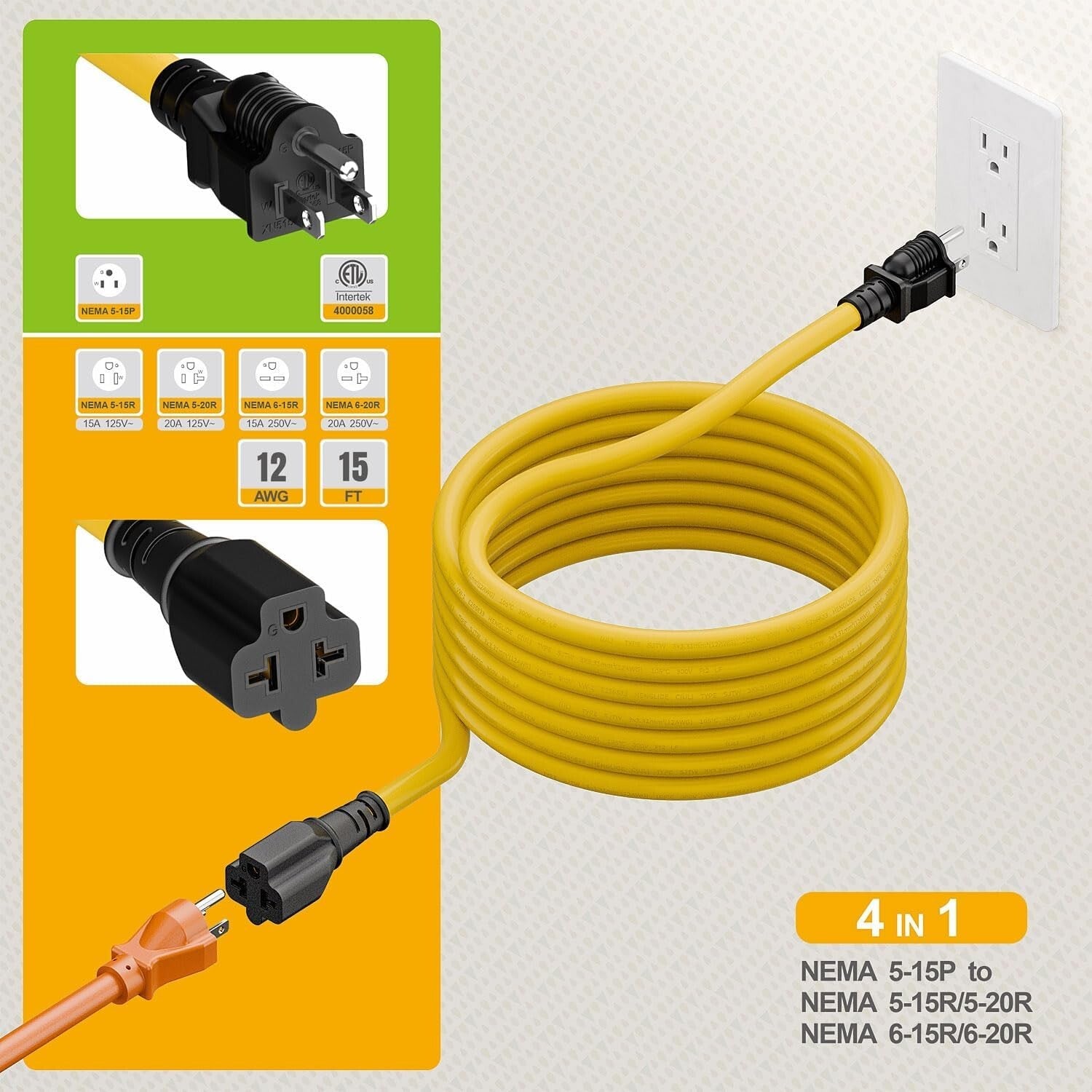 15FT NEMA 5-15P Adapter Cable - Heavy-Duty 12AWG for Versatile Power Needs