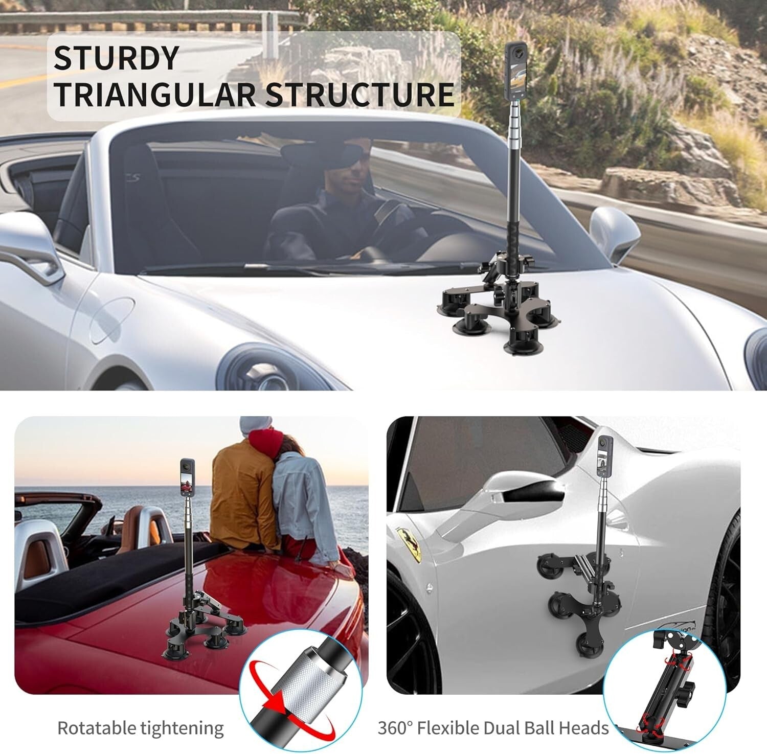 Complete Suction Car Mount Kit for Insta360 & GoPro - Ideal for Vlog Adventures
