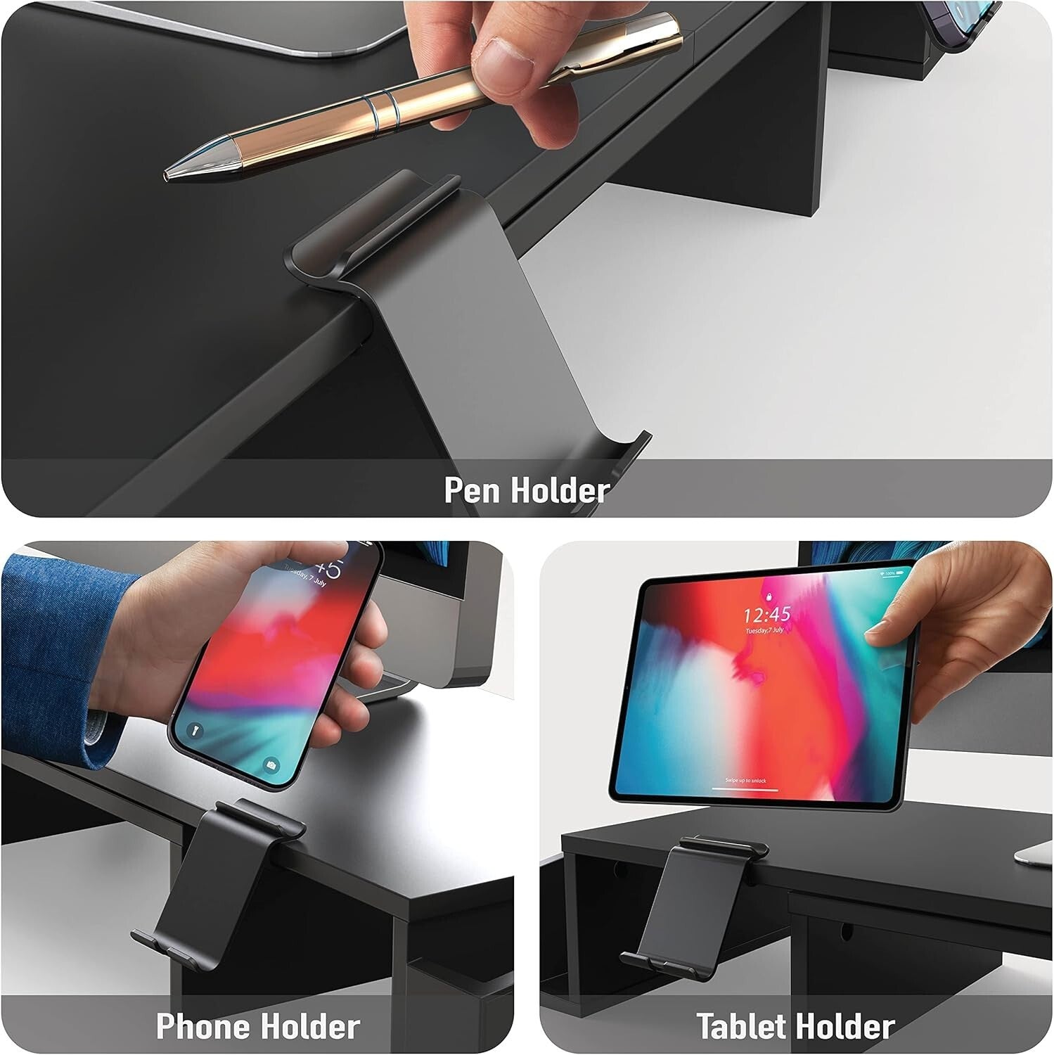 Multi-Functional Black Monitor Stand with Sliding Drawer & Organizers for Desks