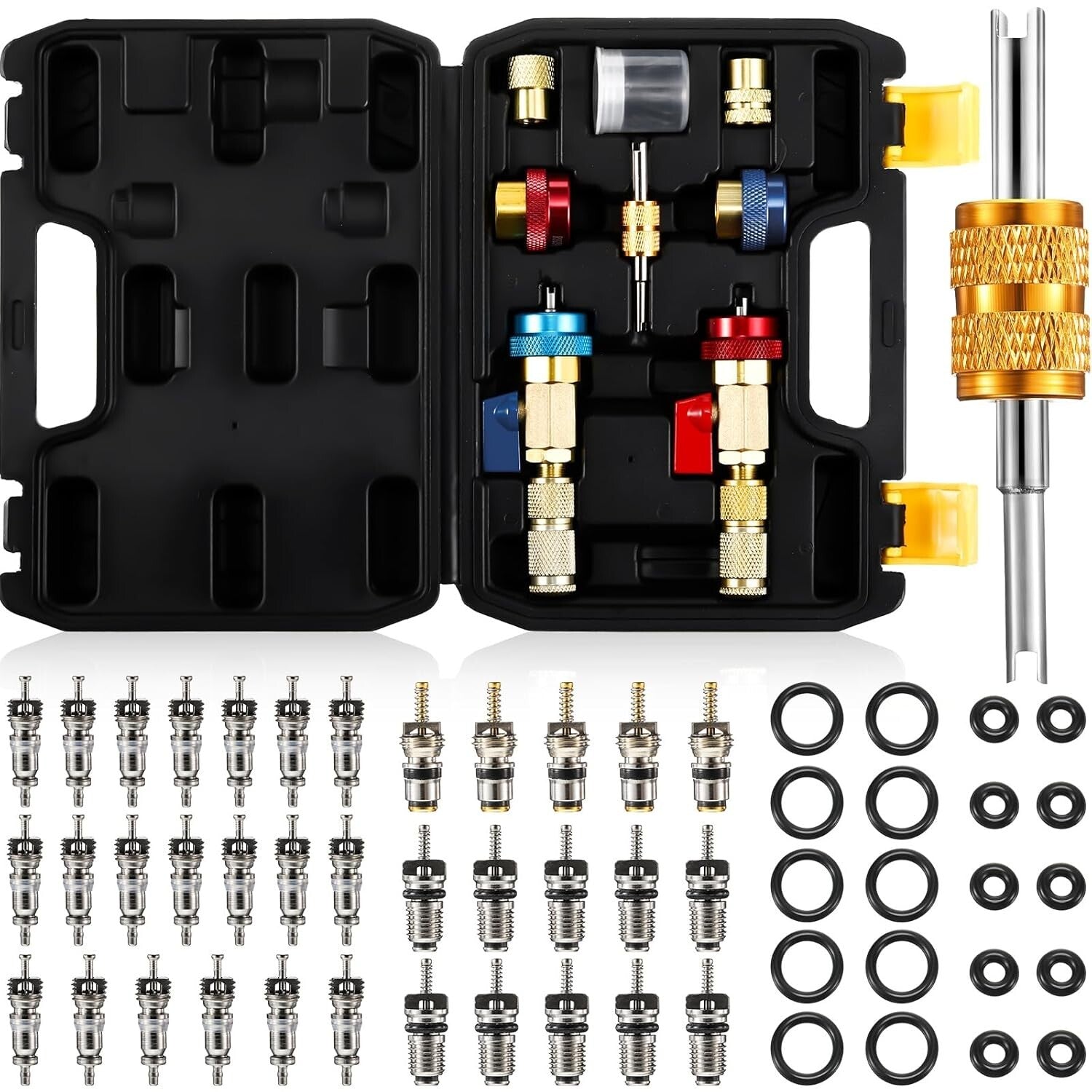 Durable 35-Piece Air Conditioning Valve Core Tool Kit with O-Rings & Removers