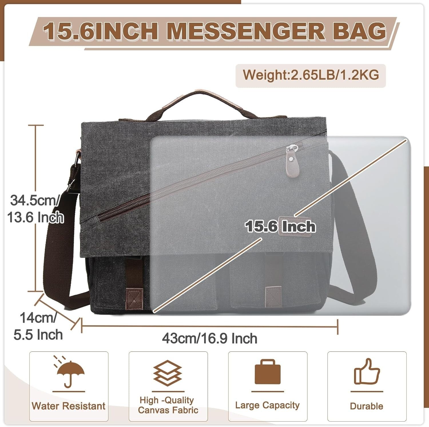 Elegant Cotton Canvas Messenger Bag with 14 Pockets - Ideal for Work & Travel