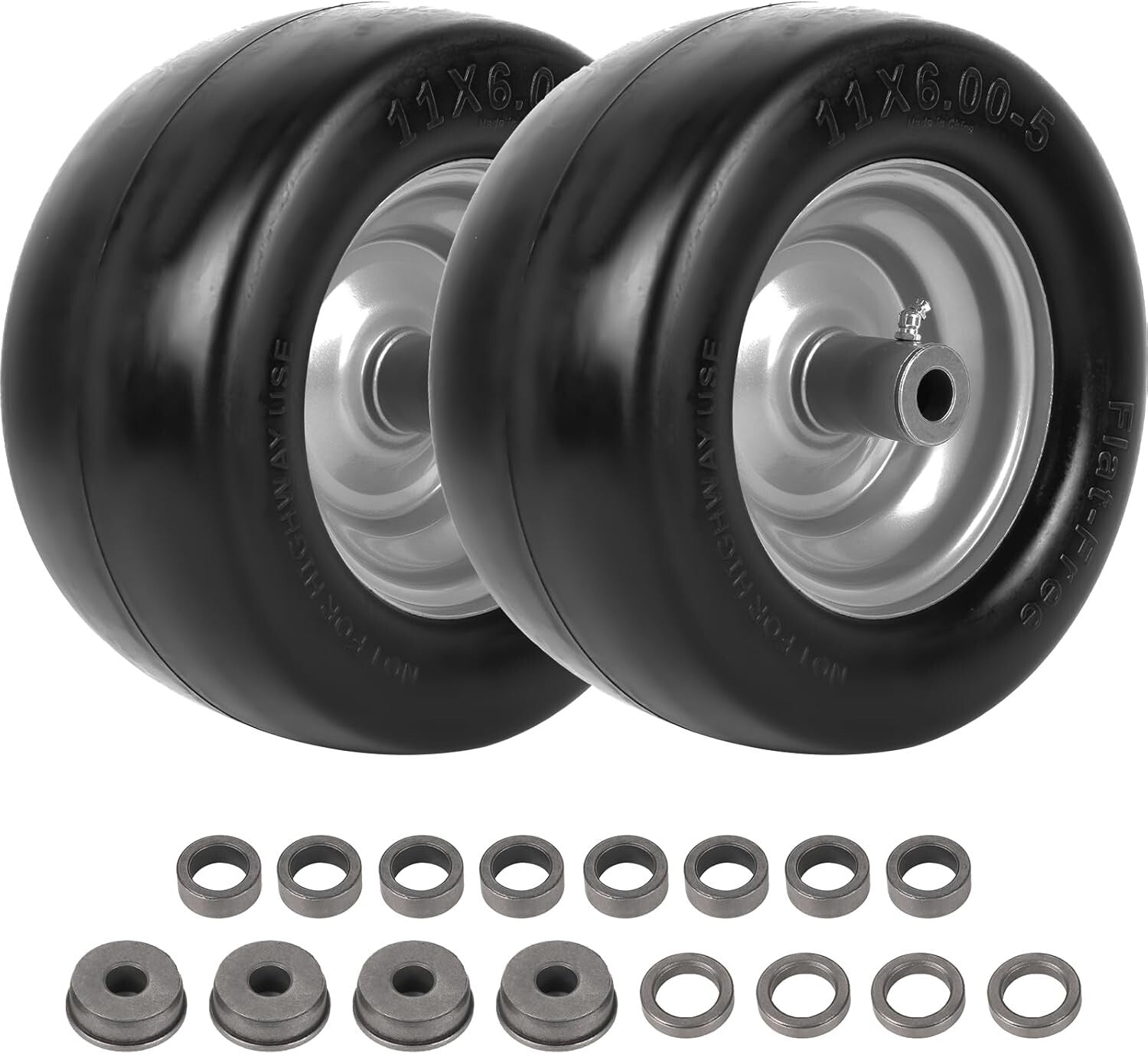 11" Flat-Free Lawn Mower Wheel & Tire Set - Includes Bushings & Spacers