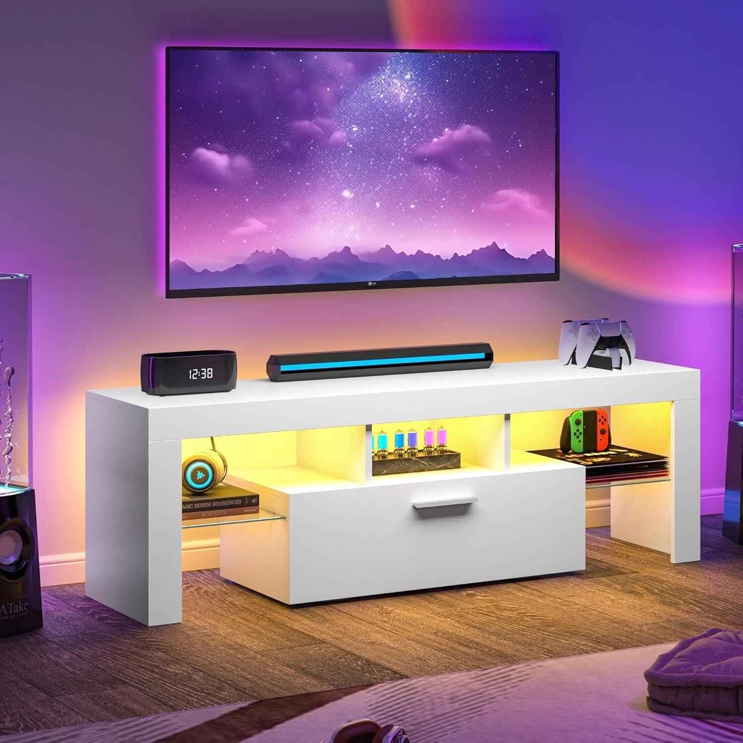 Modern White Entertainment Center with Large Drawer and 20-Color LED Lighting
