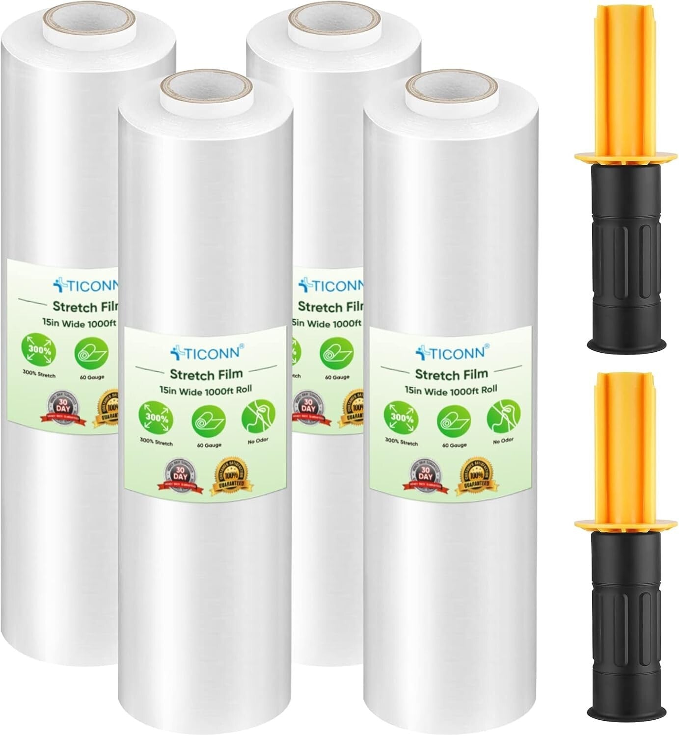 1000ft Clear Plastic Stretch Wrap with Handles - 4 Rolls of 15-Inch Strong Film