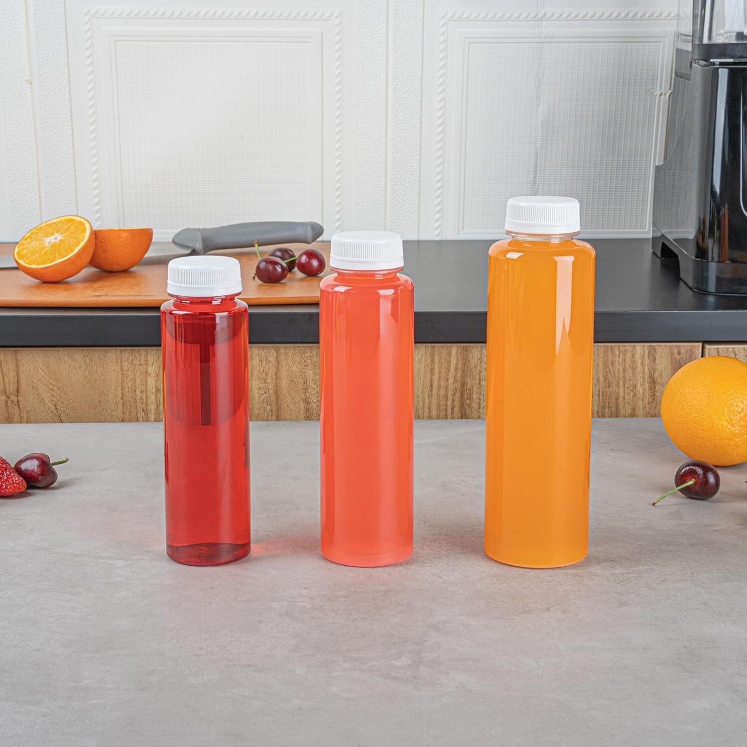 100 Recyclable 12 Oz Plastic Juice Bottles with Tamper-Evident Safety Caps