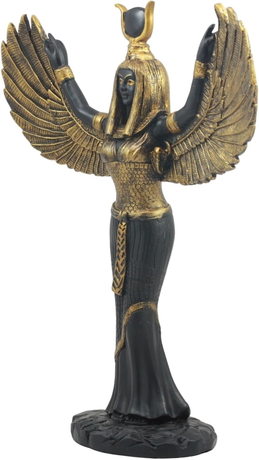 Handcrafted Isis Goddess Statue - 12" Open Wings Decor in Elegant Black & Gold