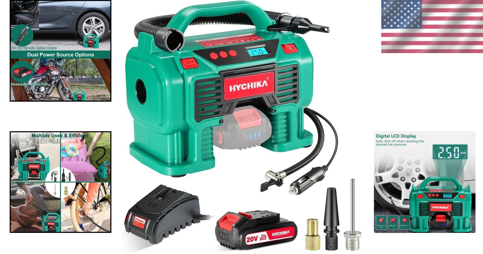 HYCHIKA 20V Air Compressor: 2-Ways Power, 160 PSI & Fast Charging Capability