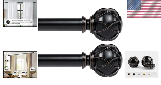 Telescoping 1 Inch Curtain Rods 28-48 In Black with Vintage Netted Finials - ...