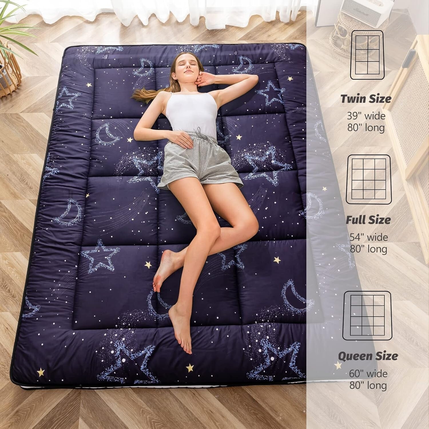 Quilted Twin Floor Mattress in Moon and Star Design - Ideal for Guests & Camping