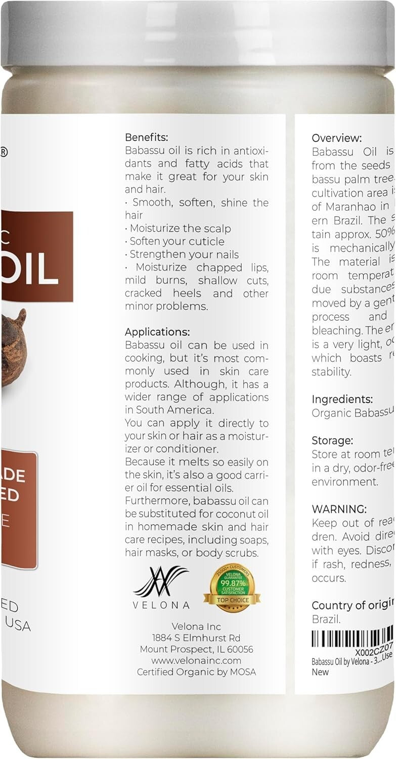 USDA Certified Organic Babassu Oil - 64 Fl Oz Pure Carrier Oil for Skin & Hair