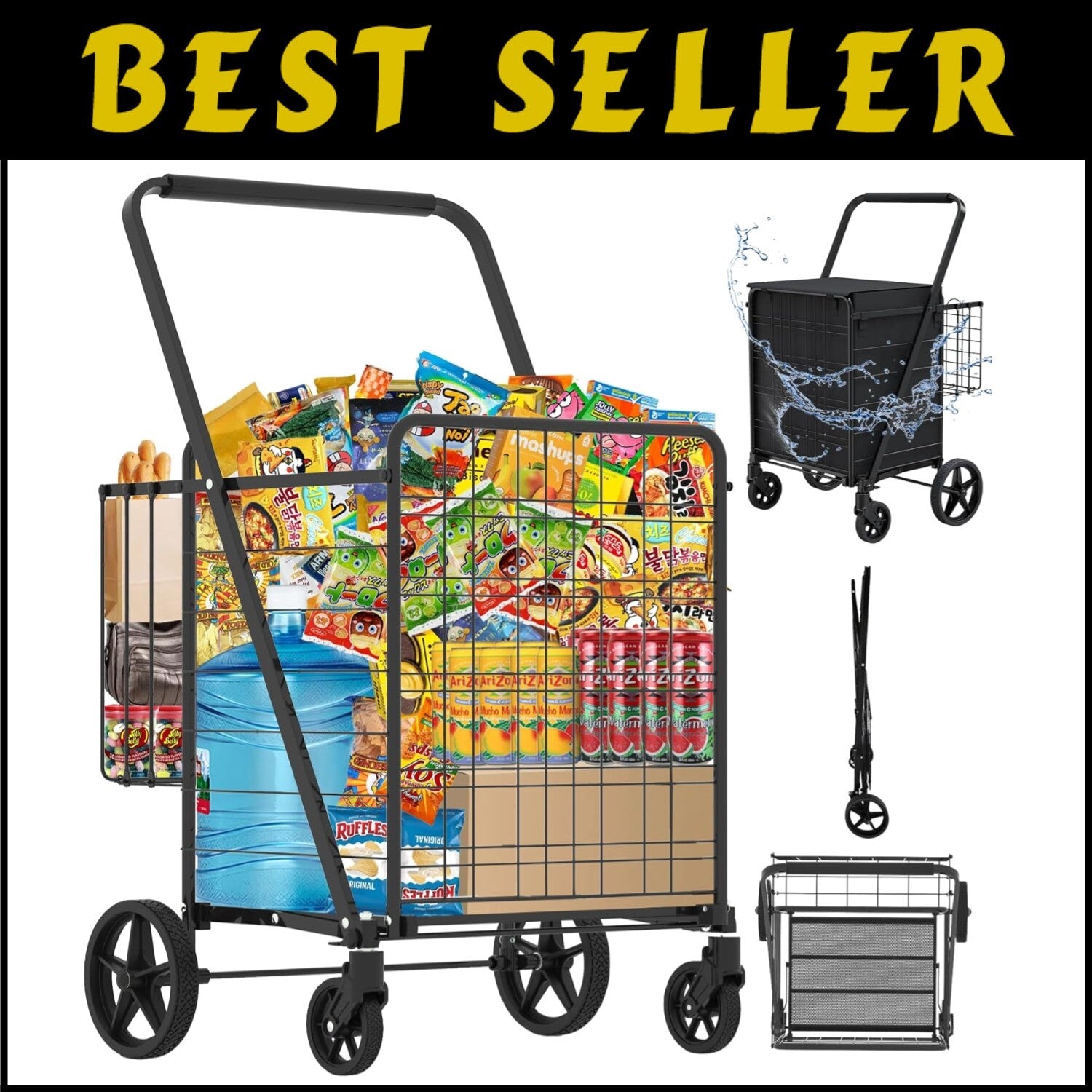 Heavy-Duty Folding Shopping Cart - 360° Swivel Wheels, Holds 440 LBS
