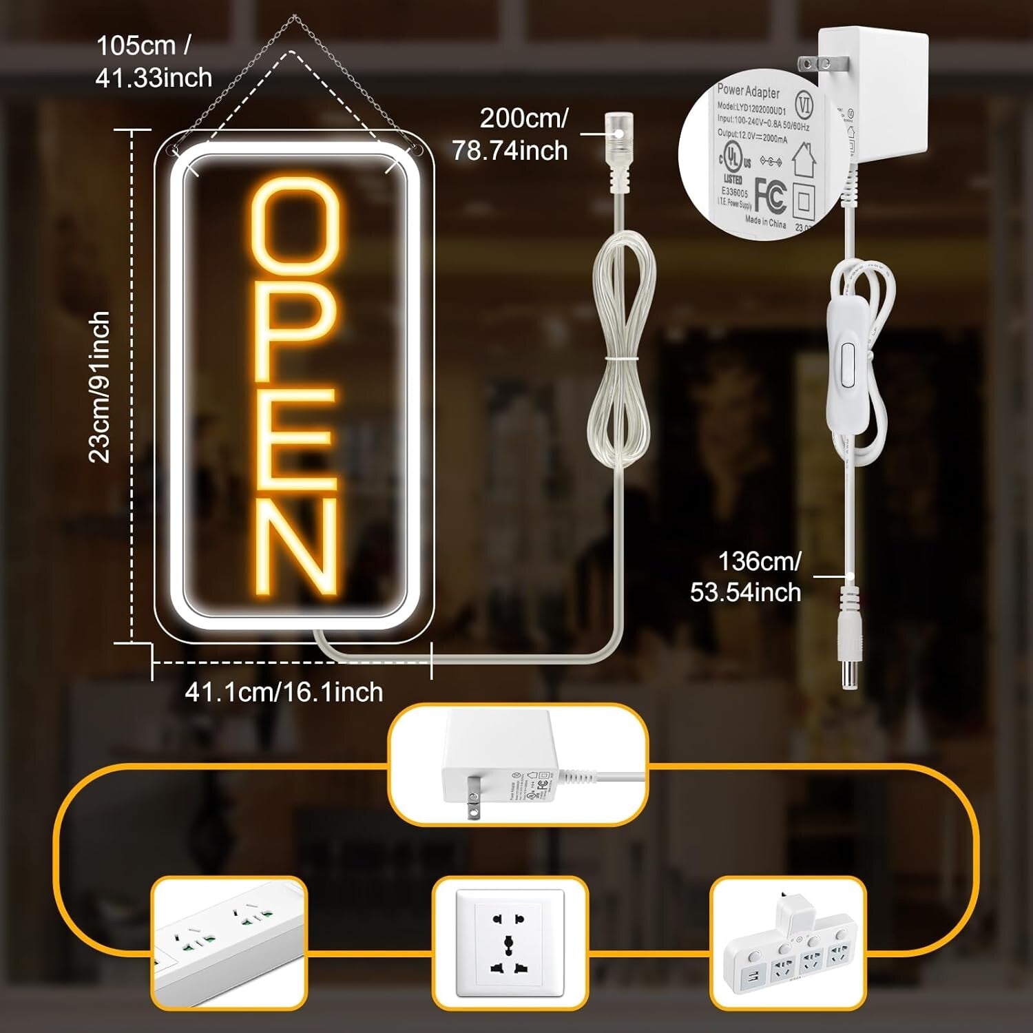 Attractive 16" x 9" LED Neon Open Sign with ON/OFF Switch for Stores