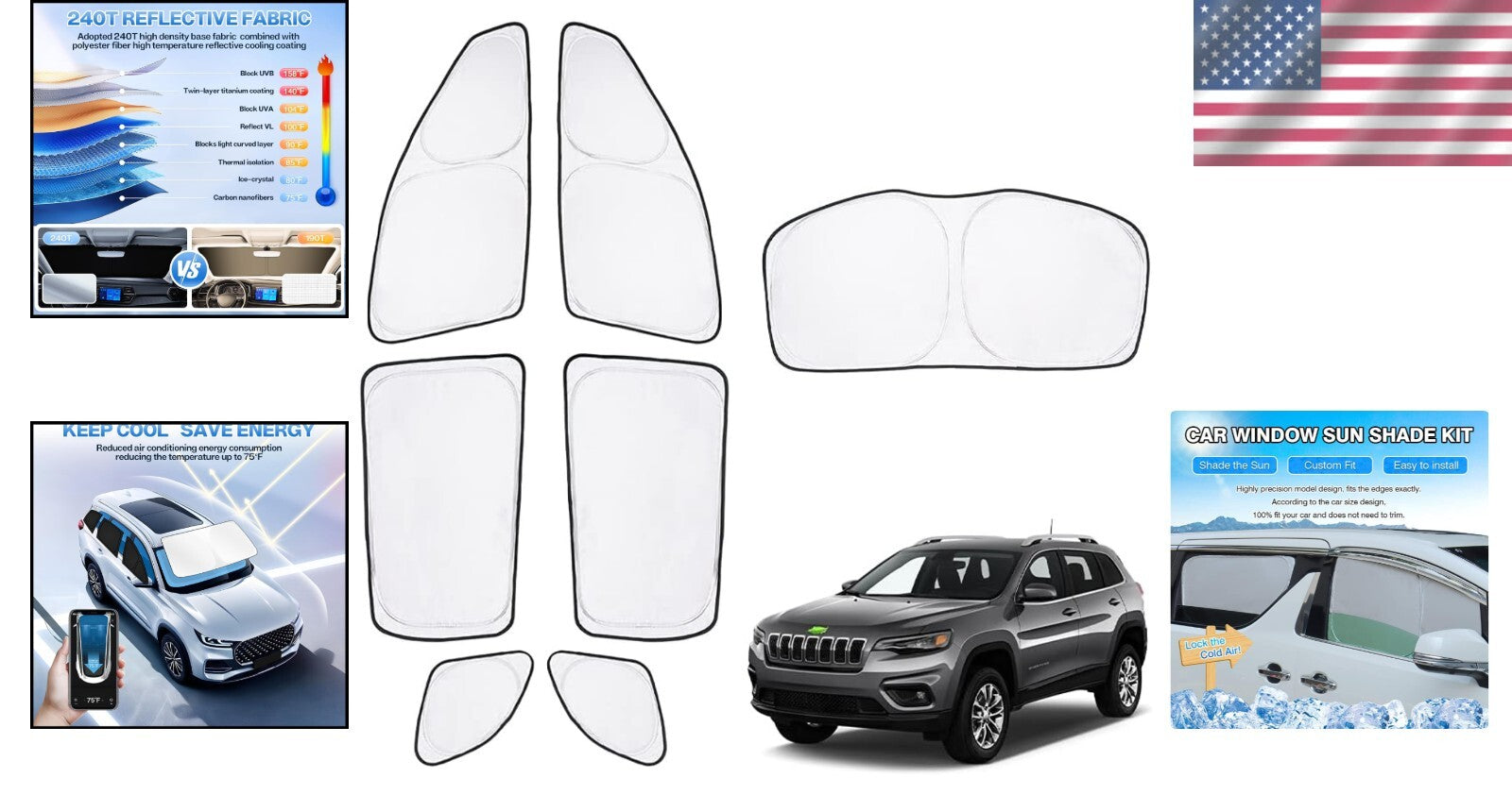 Custom Fit Car Sunshade for 2014-2023 Jeep Cherokee - 7pcs Privacy UV Protection