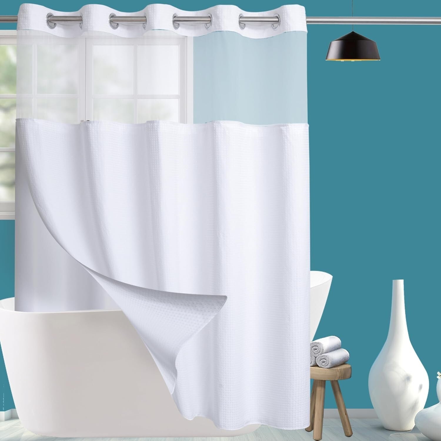 Elegant Waffle Weave Shower Curtain 71W x 84H with Water-Resistant Liner
