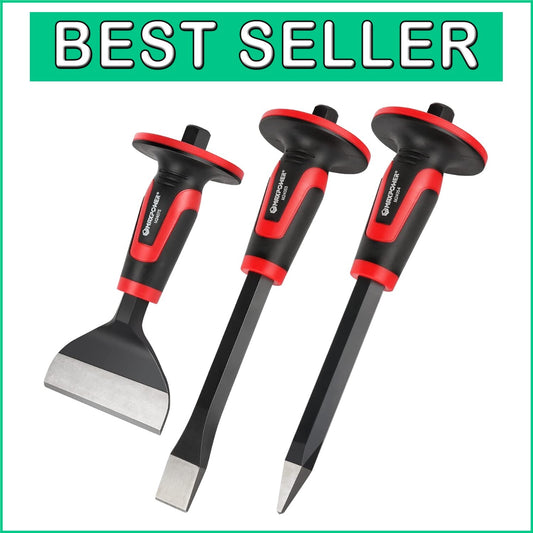 Durable Masonry Chisels: 11" Point & Flat, 8" Brick Chisel with Hand Guard