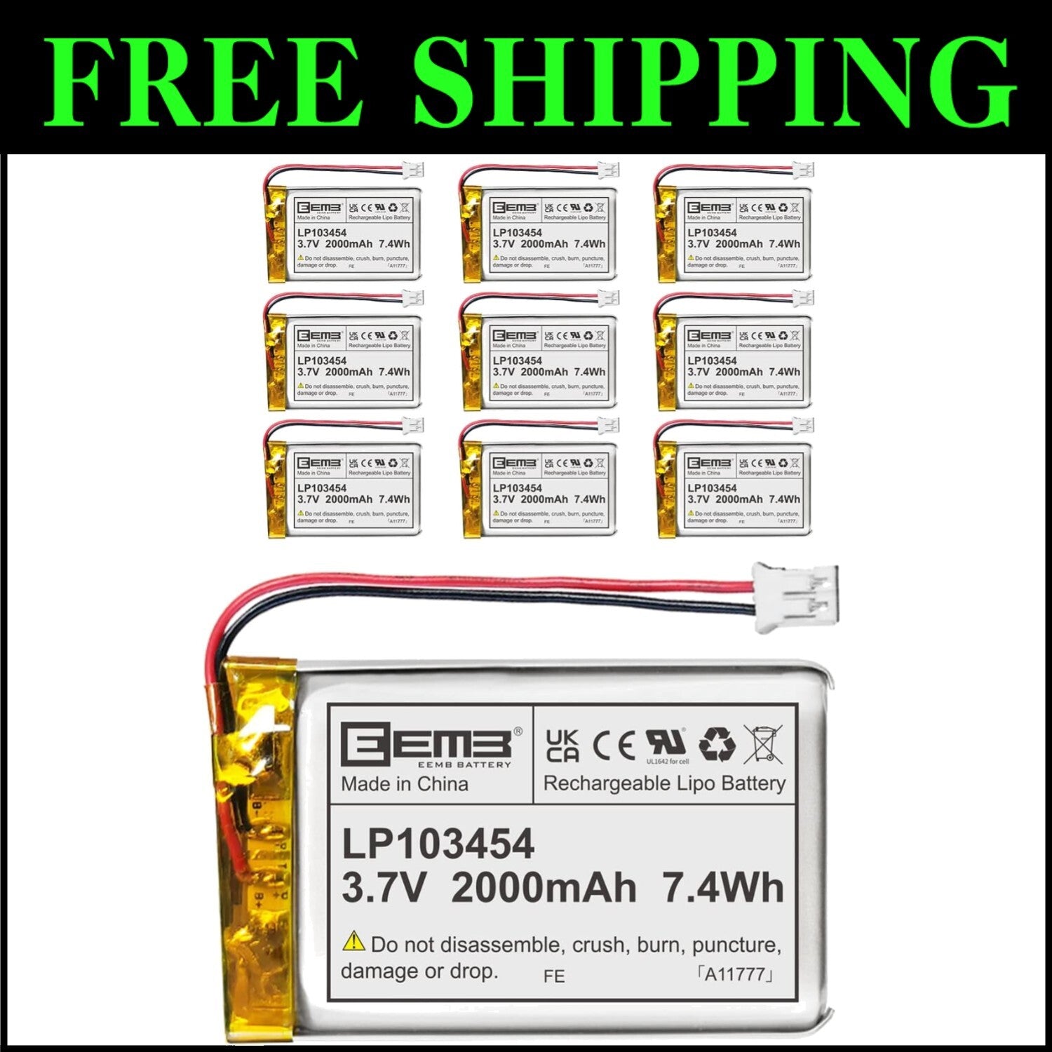 10-Pack 3.7V 2000mAh Lithium Polymer Battery with JST Connector - Reliable Power