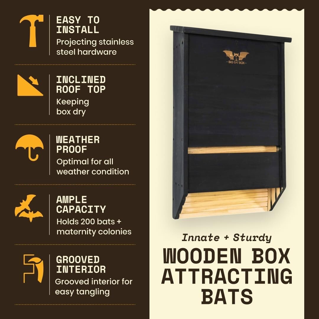 Weather-Resistant Black Bat Box - Easy Install 3 Chamber House for Outdoors