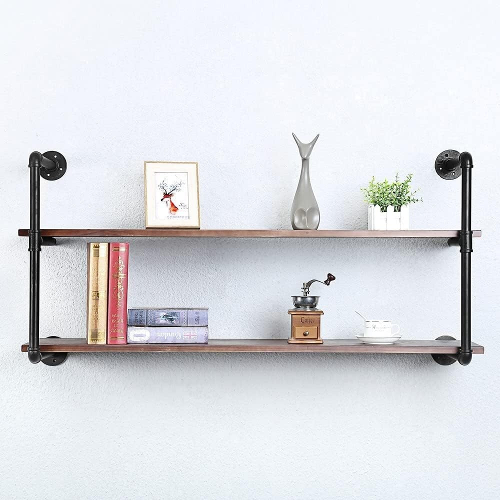 48in Industrial Pipe Floating Bookshelves - Rustic Metal & Wood Wall Storage