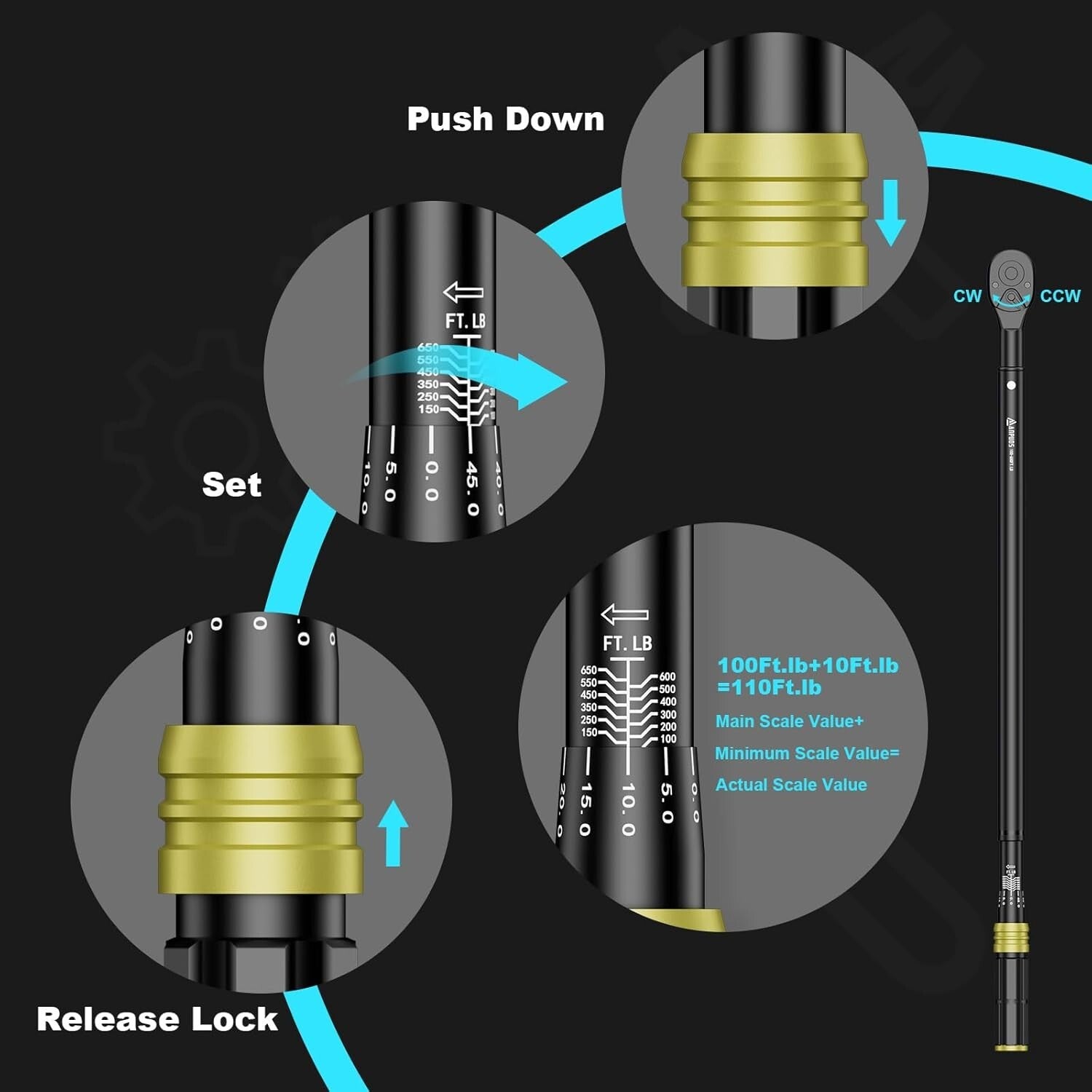 Durable Chrome Vanadium Steel Torque Wrench, 100-650 Ft-Lb, Dual-Direction Use