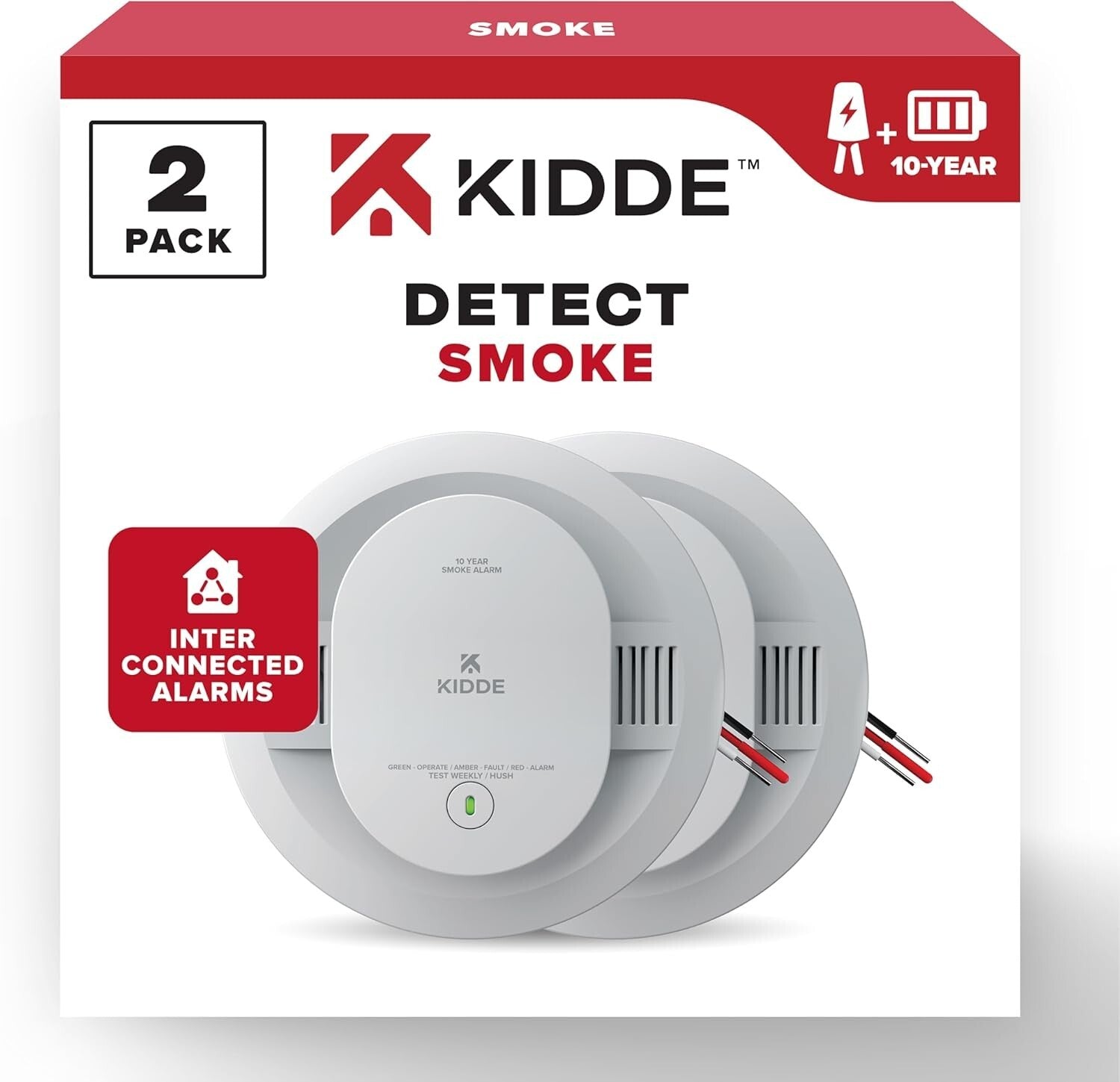 Photoelectric Hardwired Smoke Alarms, 10-Year Backup, Interconnected - 2 Pack