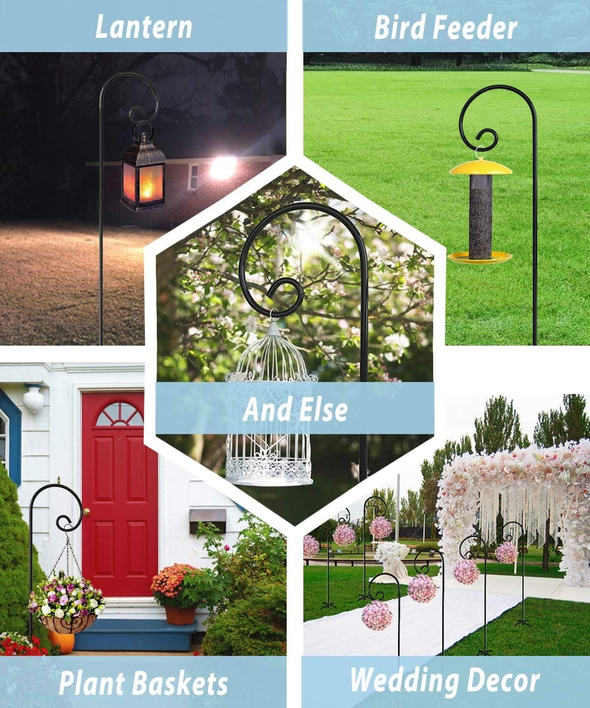 Elegant Black Outdoor Shepherd Hooks - Adjustable 5-Prong Garden Poles for Decor