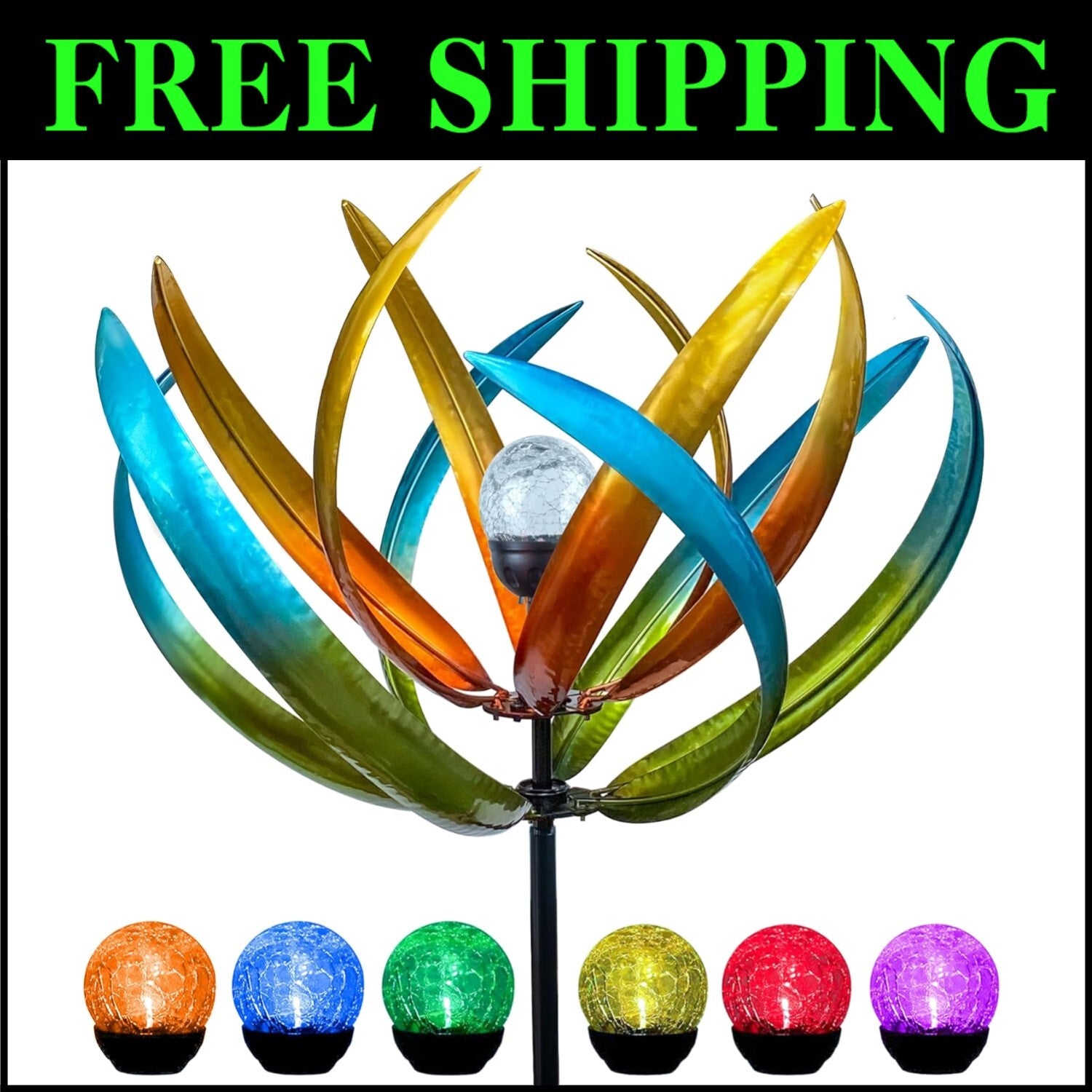82-Inch Weather-Resistant Solar Wind Spinner - Vibrant LED Floral Design