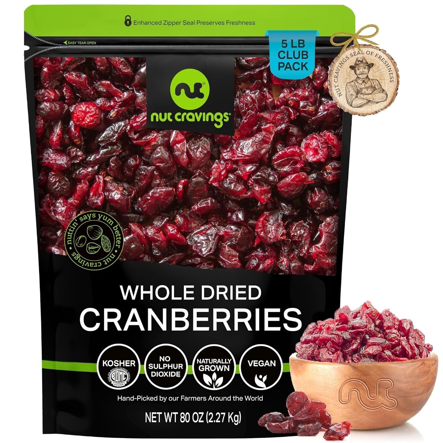 Fresh Handpicked Sun-Dried Cranberries - Lightly Sweetened Healthy Snack - 80oz