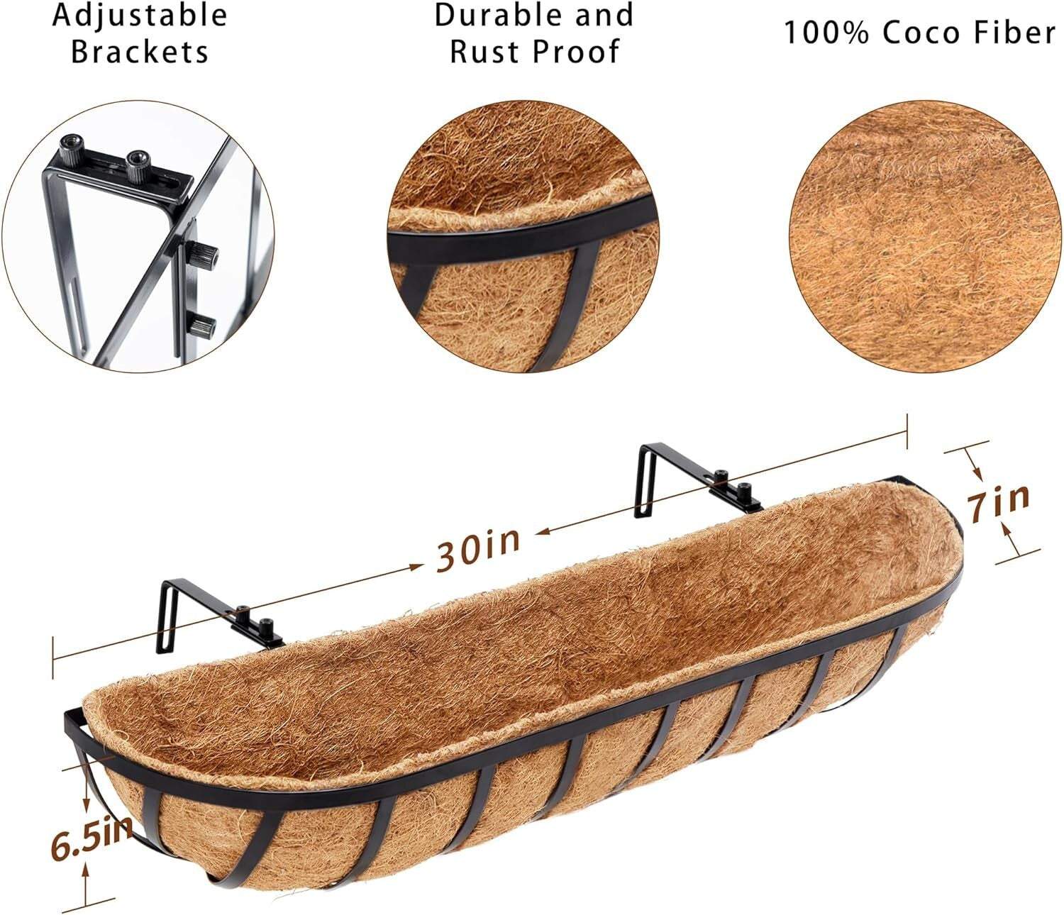 Elegant Rectangular 30" Railing Planter with Coco Liners - Add Rustic Charm!